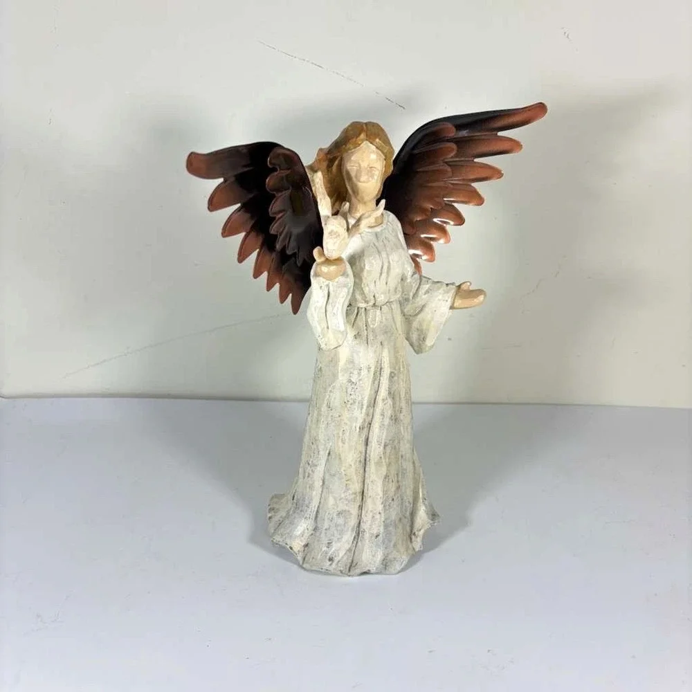 Angel‎ Sculpture Carved Wood Copper Metal Wings With Small Dove 11